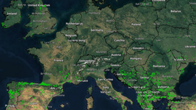 Zu sehen ist eine Satellitenkarte von Europa mit Waldbränden im Februar 2023