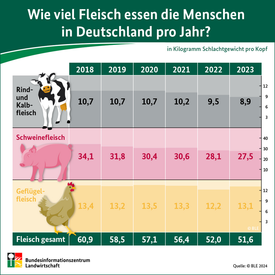 Infografik zum Fleischverzehr in Deutschland von 2018 bis 2023 für die Fleischarten Schwein, Rind und Geflügel.