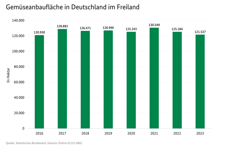 Säulendiagramm: Anbaufläche von Gemüse im Freiland in Deutschland von 2016 bis 2023.