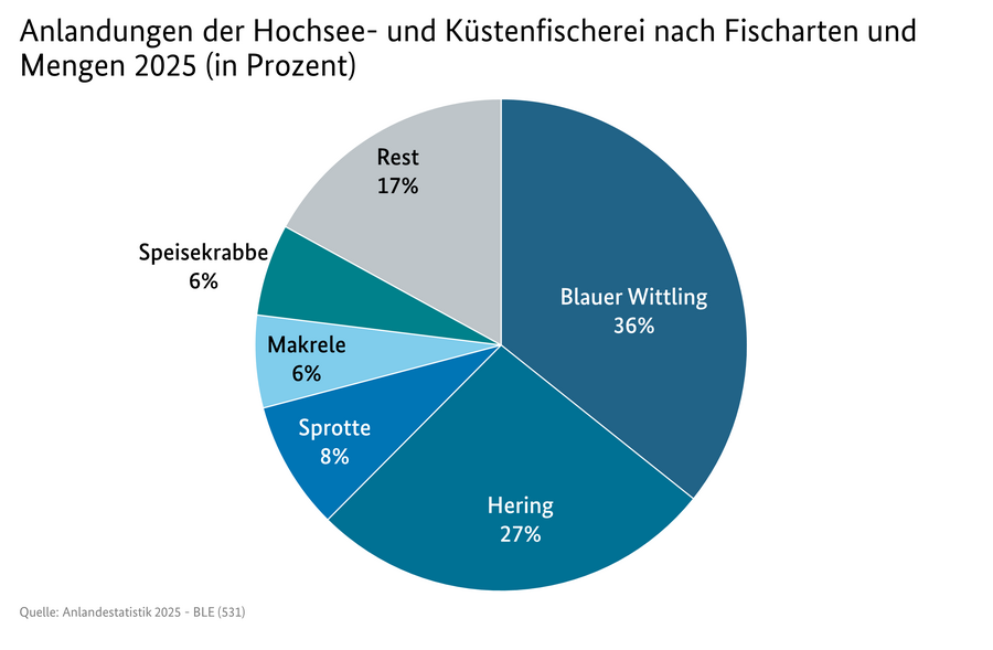 Kreisdiagramm: Anlandungen der Hochsee- und Küstenfischerei in Deutschland nach Fischarten und Mengen