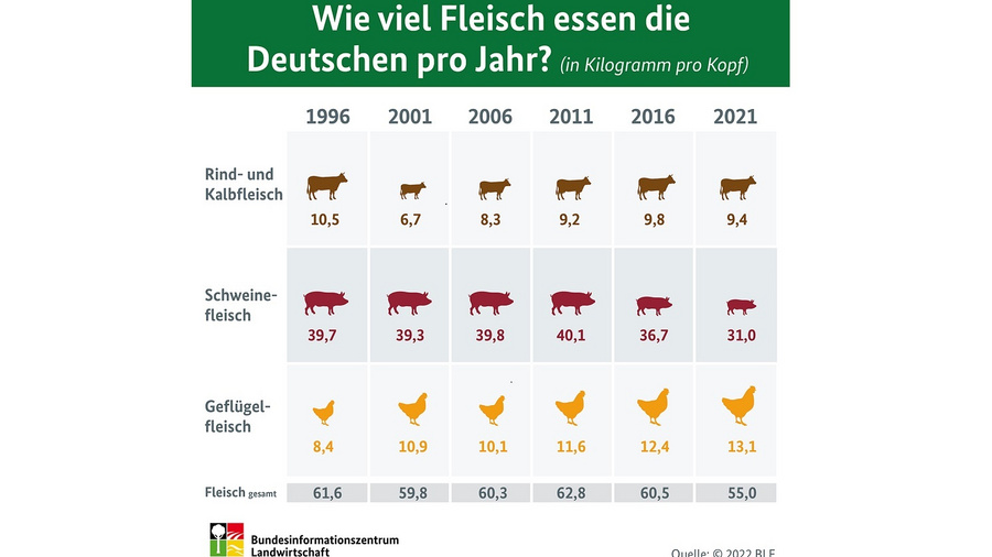 Infografik zum Vleischverzehr der Deutschen in Kg-Pro-Kopf. Datenquelle ist die Tabelle: DFT-0200502-0000