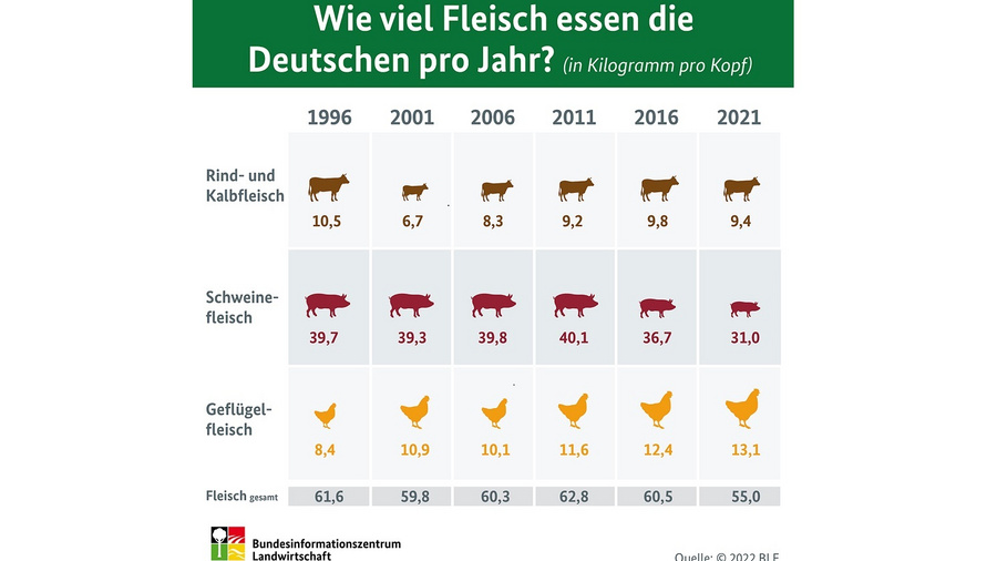 Infografik zum Vleischverzehr der Deutschen in Kg-Pro-Kopf. Datenquelle ist die Tabelle: DFT-0200502-0000
