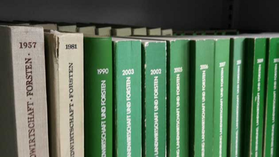 Buchrücken verschiedener Jahresausgaben des Statistischen Jahrbuchs