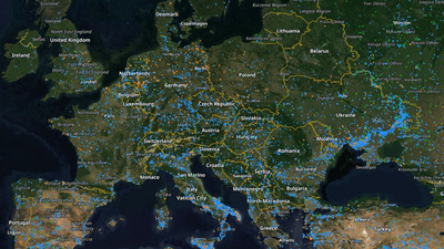 Zu sehen ist eine Satellitenkarte von Europa mit Waldbränden im Juni 2025