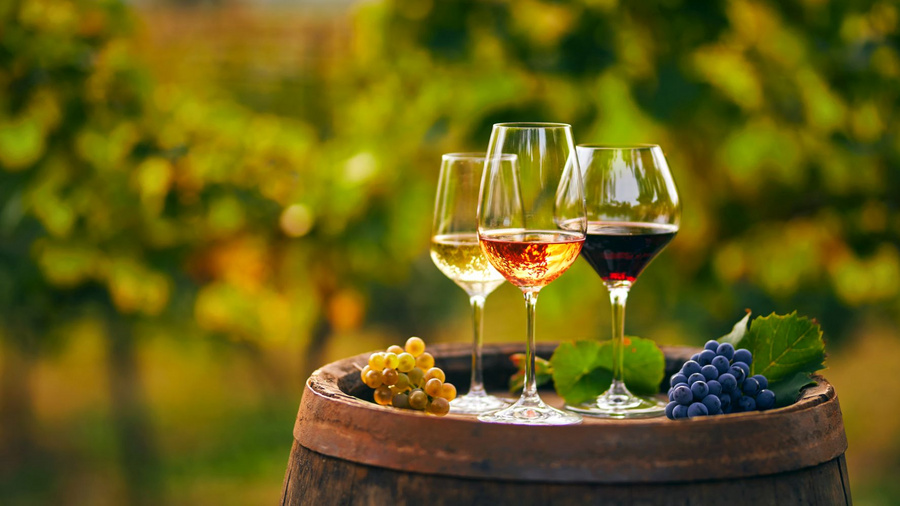 Weingläser mit Rotwein und Weißwein auf einem Fass