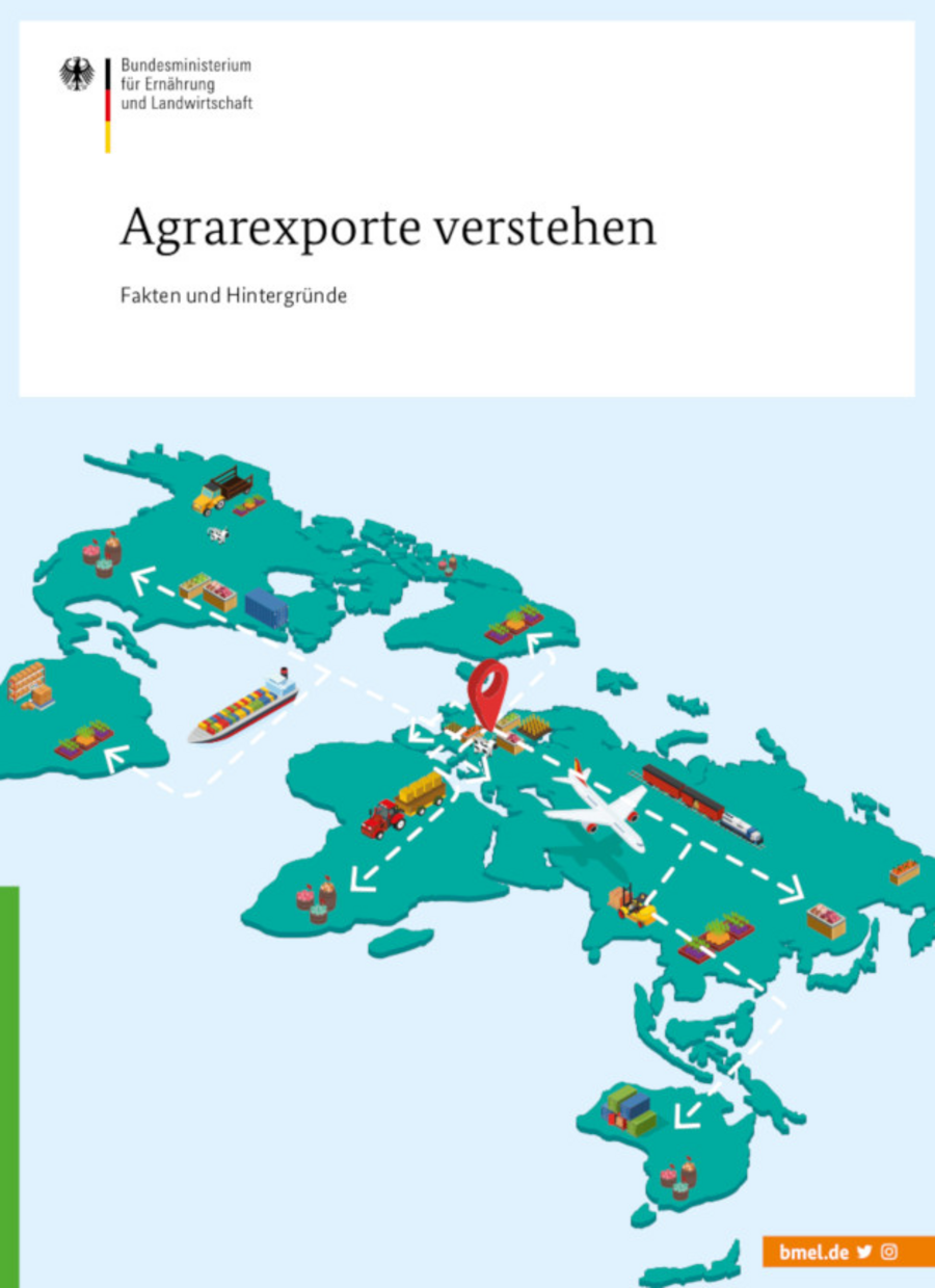 Titelbild der Broschüre: Agrarexporte verstehen - Fakten und Hintergründe. Zu sehen Landkarte mit aufgezeichneten Lebensmittelgütern (Felder, gefüllte Kisten) und Güterverkehrsfahrzeuge (Schiffe, Lastkraftwagen, Flugzeuge, Bahn). Von Deutschland ausgehend sind Feile in Richtung der Lebensmittelgüter gezeichnet.