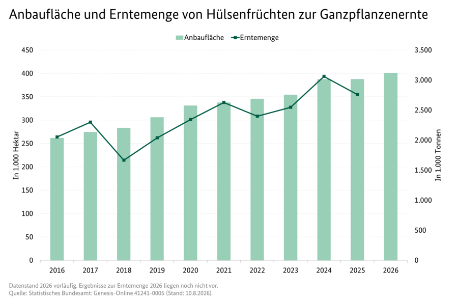 Säulendiagramm: Anbaufläche von Hülsenfrüchten zur Ganzpflanzenernte. Liniendiagramm: Erntemenge von Hülsenfrüchten zur Ganzpflanzenernte.