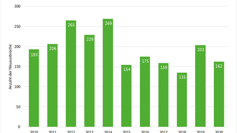 Diagramm: Zahl der Fälle amerikanischer Faulbrut bei Bienen. Beginnend im Jahr 2010 (193 Fälle) bis 2020 (162 Fälle).