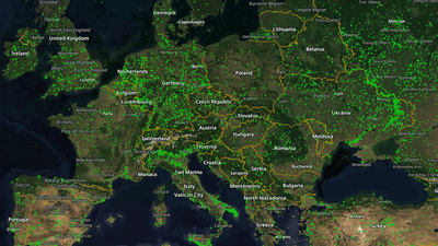 Zu sehen ist eine Satellitenkarte von Europa mit Waldbränden im Mai 2025