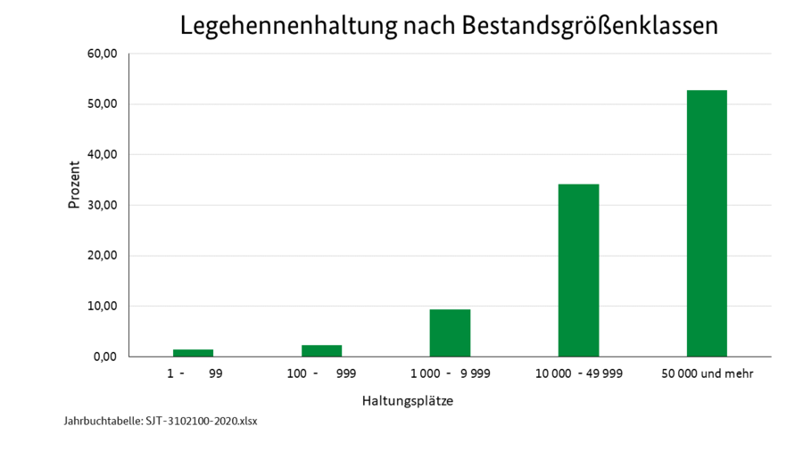 Bestandsgrößenklassen von Legehennen in Deutschland in Prozent: 1-99: 1,4%, 100-999: 2,3%, 1000-9999: 9,4%, 10000-49999: 34,2%, 50000 und mehr: 52,7%.  