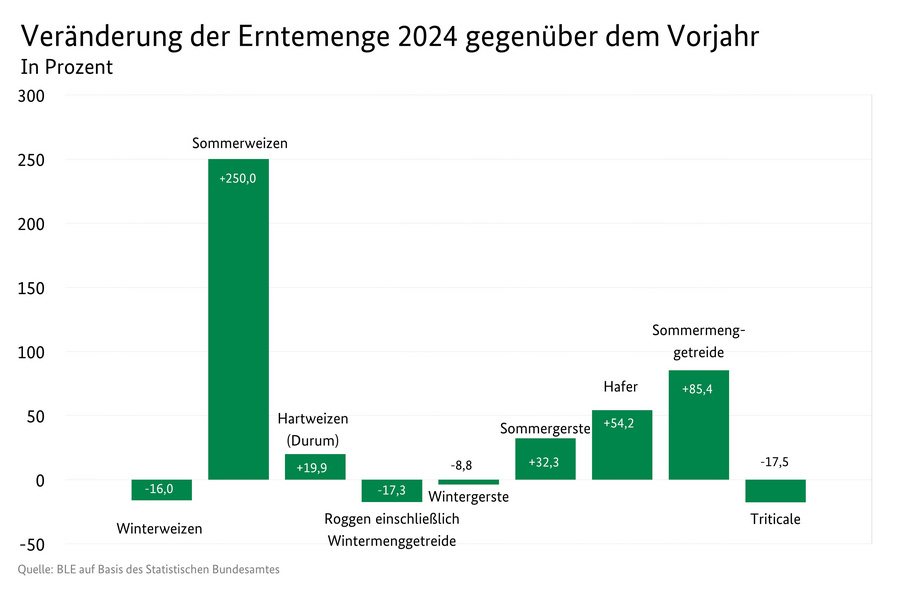 Balkendiagramm: Veränderung der Getreideernte 2023 zum Vorjahr