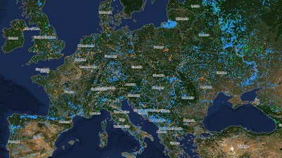 Zu sehen ist eine Satellitenkarte von Europa mit Waldbränden im April 2026