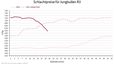 Liniendiagramm: Preisverlauf Schlachtpreise für Jungbullen R3
