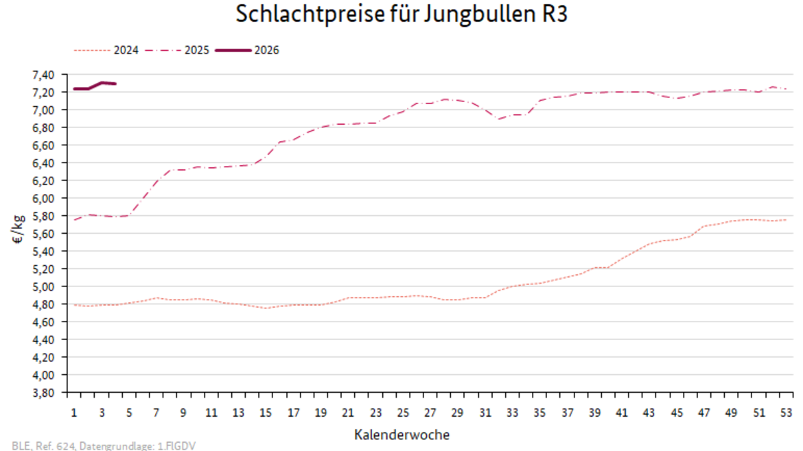 Liniendiagramm: Preisverlauf Schlachtpreise für Jungbullen R3