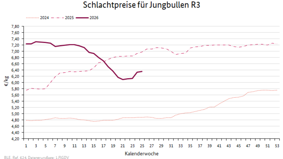 Liniendiagramm: Preisverlauf Schlachtpreise für Jungbullen R3