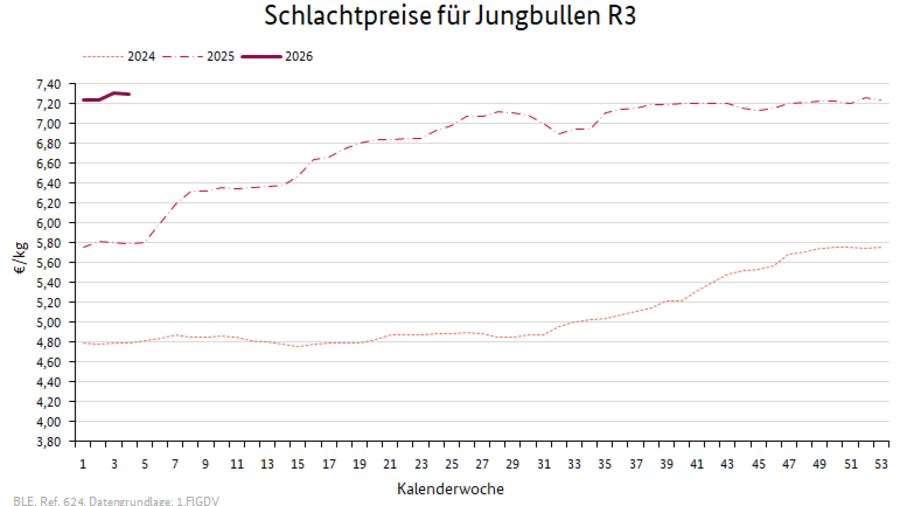 Liniendiagramm: Preisverlauf Schlachtpreise für Jungbullen R3
