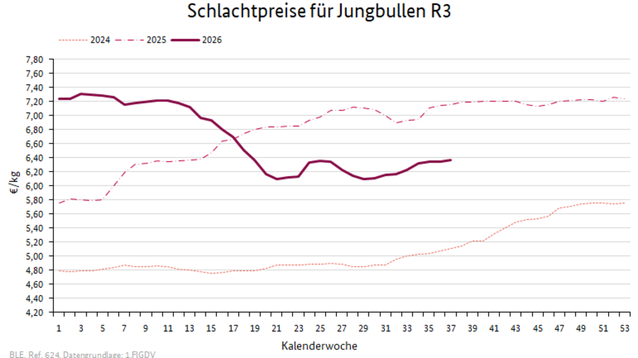 Liniendiagramm: Preisverlauf Schlachtpreise für Jungbullen R3