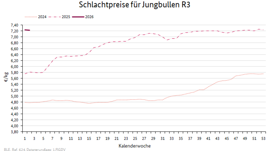Liniendiagramm: Preisverlauf Schlachtpreise für Jungbullen R3