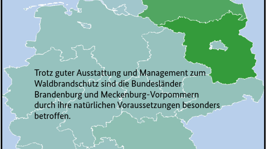 Es wird eine Karte von Deutschland dargestellt. Die Bundesländer sind nach Waldbrandflächen eingefärbt. Besonders die Bundesländer Brandenburg und Mecklenburg-Vorpommern sind hervorgehoben. Es wird noch der Hinweis angegeben: Trotz guter Ausstattung und Management zum Waldbrandschutz sind die Bundesländer Brandenburg und Mecklenburg-Vorpommern durch ihre natürlichen Voraussetzungen besonders betroffen. Die Daten stammen aus der Statistik Waldbrände in der Bundesrepublik Deutschland im Jahr 2019 Tabelle 2B: Ursachen dort zusammen.