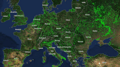 Zu sehen ist eine Satellitenkarte von Europa mit Waldbränden im Mai 2026