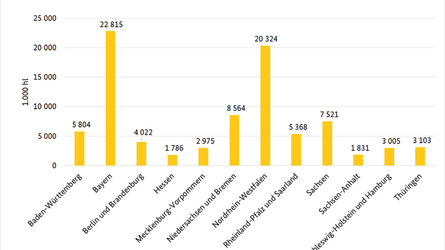 Säulendiagramm des Bierabsatzes nach Bundesländern. X-Achse zeigt die Bundesländer und die y-Achse den Bierabsatz in 1.000 hl. Daten aus der Tabelle MBT-0103230-0000 Bierabsatz nach Ländern . 