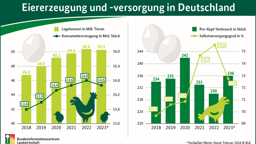 Linien-Säulendiagramm zur Eiererzeugung und Eierversorgung in Deutschland für den Zeitraum 2018 bis 2023. Informationen können aus der Tabelle Versorgungsbilanz Eier entnommen werden.