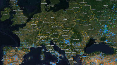 Zu sehen ist eine Satellitenkarte von Europa mit Waldbränden im Oktober 2025