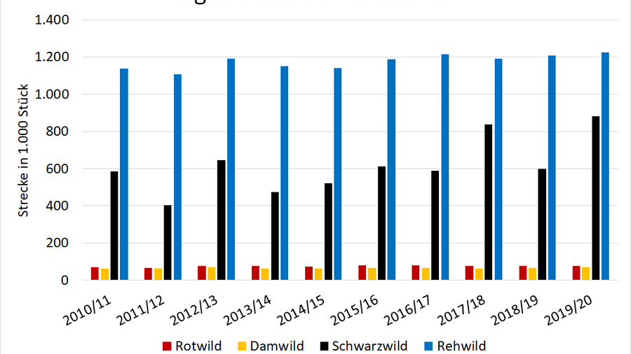 Balkendiagramm: Jagdstrecke von Wildarten. Auf der x-Achse sind die Wirtschaftsjahre von 2010/11 bis 2019/20 und die verschiedenen Wildarten (Rotwild, Damwild, Schwarzwild und Rehwild) abgebildet. Die y- Achse zeigt die Jagdstrecke in 1.000 Stück der jeweiligen Wildart in einem Wirtschaftsjahr. Die Daten finden Sie in Tabelle SJT-7030200-000. 