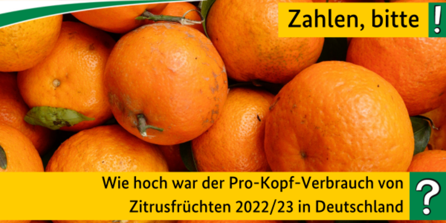 Im Hintergrund sind Mandarinen zu sehen. Im Vordergrund steht die Frage: Wie hoch war der Pro-Kopf-Verbrauch von Zitrusfrüchten 2022/23 in Deutschland?