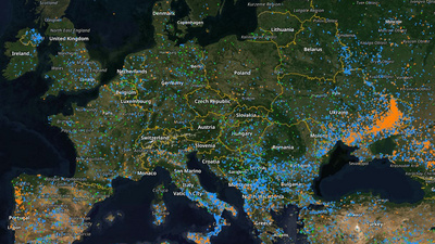 Zu sehen ist eine Satellitenkarte von Europa mit Waldbränden im Juli 2025