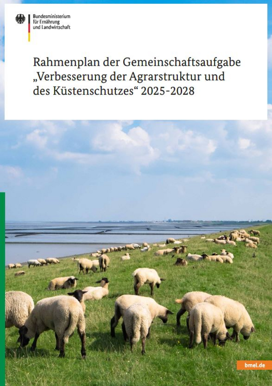 Broschürentitel: Rahmenplan der Gemeinschaftsaufgabe „Verbesserung der Agrarstruktur und des Küstenschutzes“ 2025-2028. Zu sehen sind Schafe auf einem Deich.