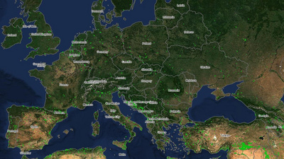 Zu sehen ist eine Satellitenkarte von Europa mit Waldbränden im Dezember 2025