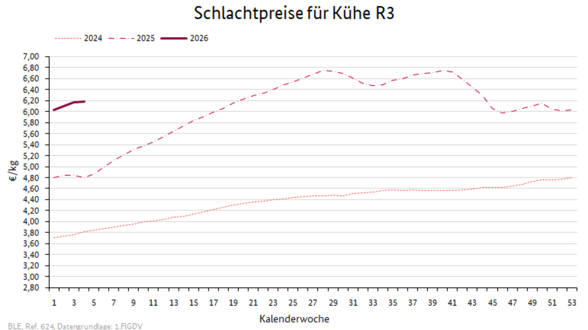 Liniendiagramm: Preisverlauf Schlachtpreise für Kühe R3