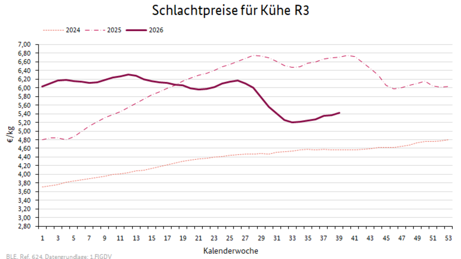 Liniendiagramm: Preisverlauf Schlachtpreise für Kühe R3