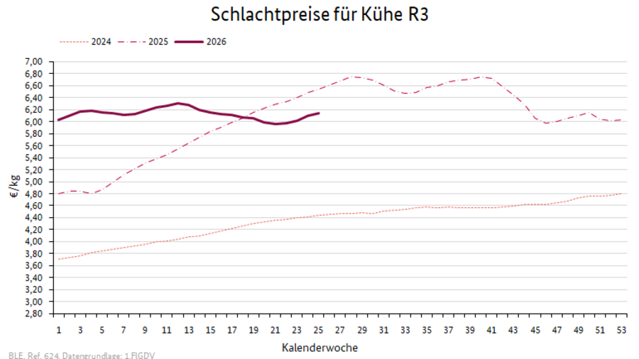 Liniendiagramm: Preisverlauf Schlachtpreise für Kühe R3