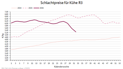 Liniendiagramm: Preisverlauf Schlachtpreise für Kühe R3