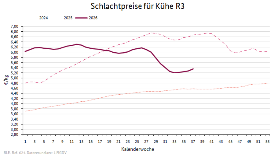 Liniendiagramm: Preisverlauf Schlachtpreise für Kühe R3
