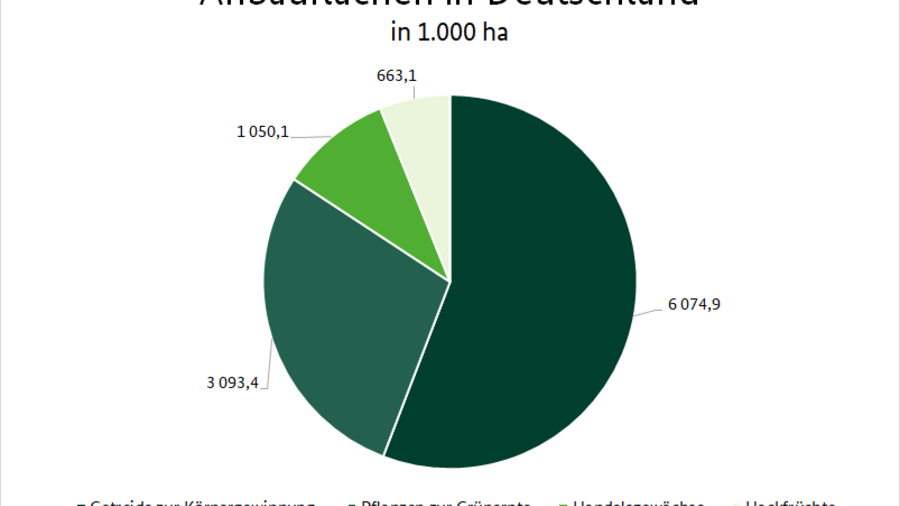 Kreisdiagramm zur Anbaufläche in Deutschland in 1.000 ha. Getreide zur Körnergewinnung 6.075; Pflanzen zur Grünernte 3.093; Handelsgewächse 1.050; Hackfrücht 663.