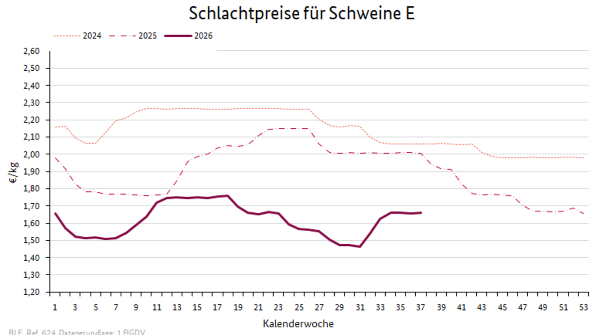 Liniendiagramm: Preisverlauf Schlachtpreise für Schweine E