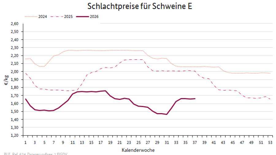 Liniendiagramm: Preisverlauf Schlachtpreise für Schweine E