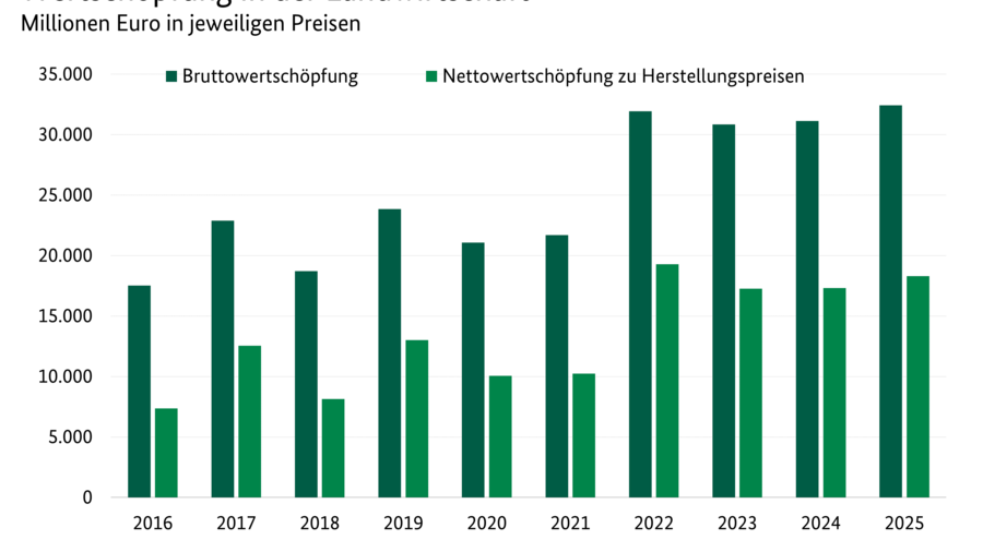 Säulendiagramm: Wertschöpfung der Landwirtschaft in Millionen Euro. Zeitreihe von 2015 bis 2022. Datenursprung ist die Tabelle Wertschöpfung der Landwirtschaft.