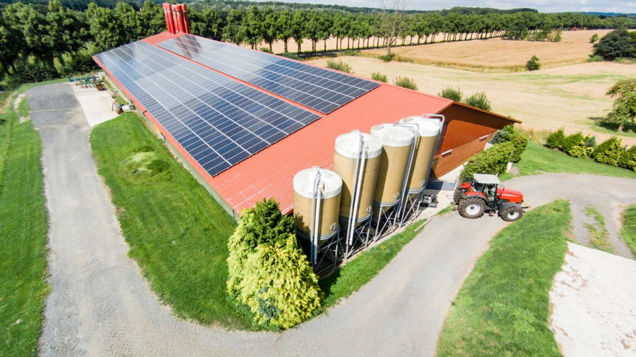 Schweinemaststall mit PV-Anlage und Feldern