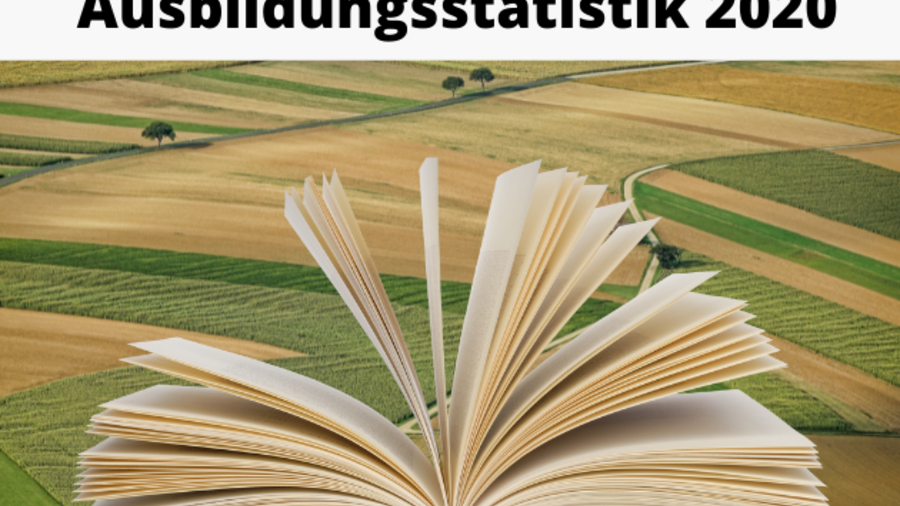 Abgebildet ist ein offenes Buch. Der Hintergrund des Bildes zeigt eine Feldlandschaft