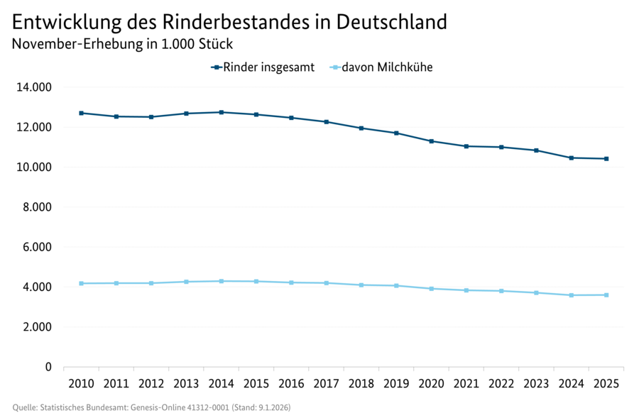 Liniendiagramm: Entwicklung des Rinderbestands in Deutschland (November-Erhebung).