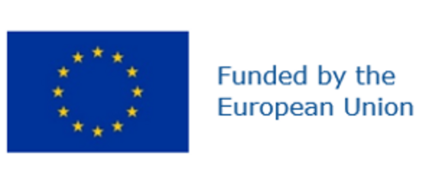 Flagge der Europäischen Union. Text: Funded by the European Union
