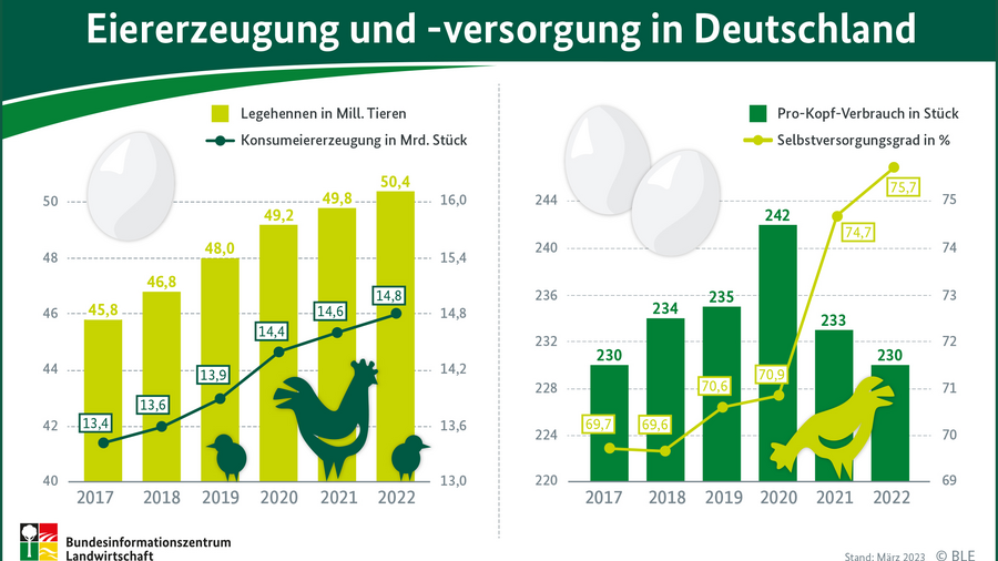 Linien-Säulendiagramm zur Eiererzeugung und Eierversorgung in Deutschland für den Zeitraum 2017 bis 2022. Informationen können aus der Tabelle Versorgungsbilanz Eier entnommen werden.