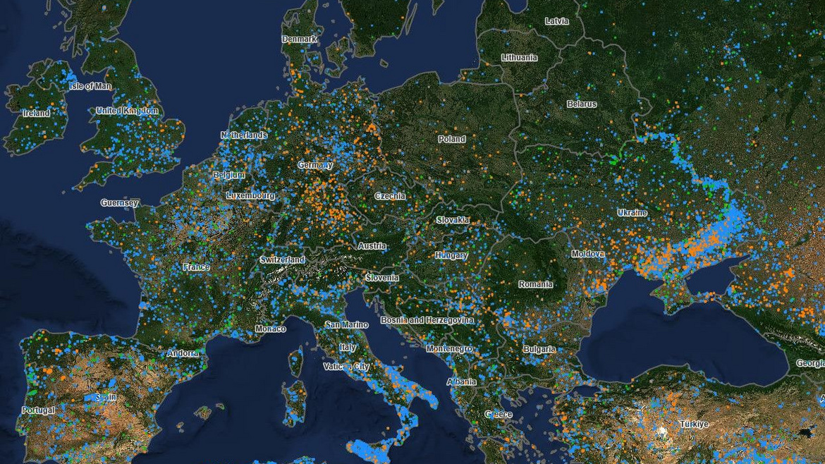 Zu sehen ist eine Satellitenkarte von Europa mit Waldbränden im Juli 2026
